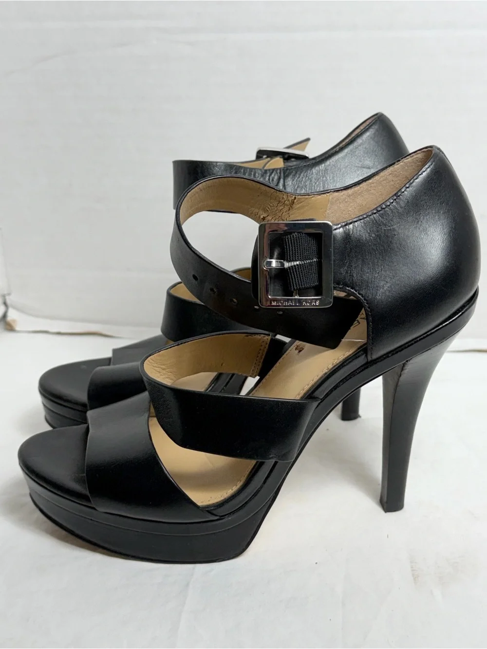 Michael Kors Black Leather Strappy Heeled Sandals with Silver Buckle